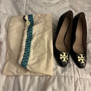 Tory Burch Black with Gold Leather Wedges. Size 7.5.